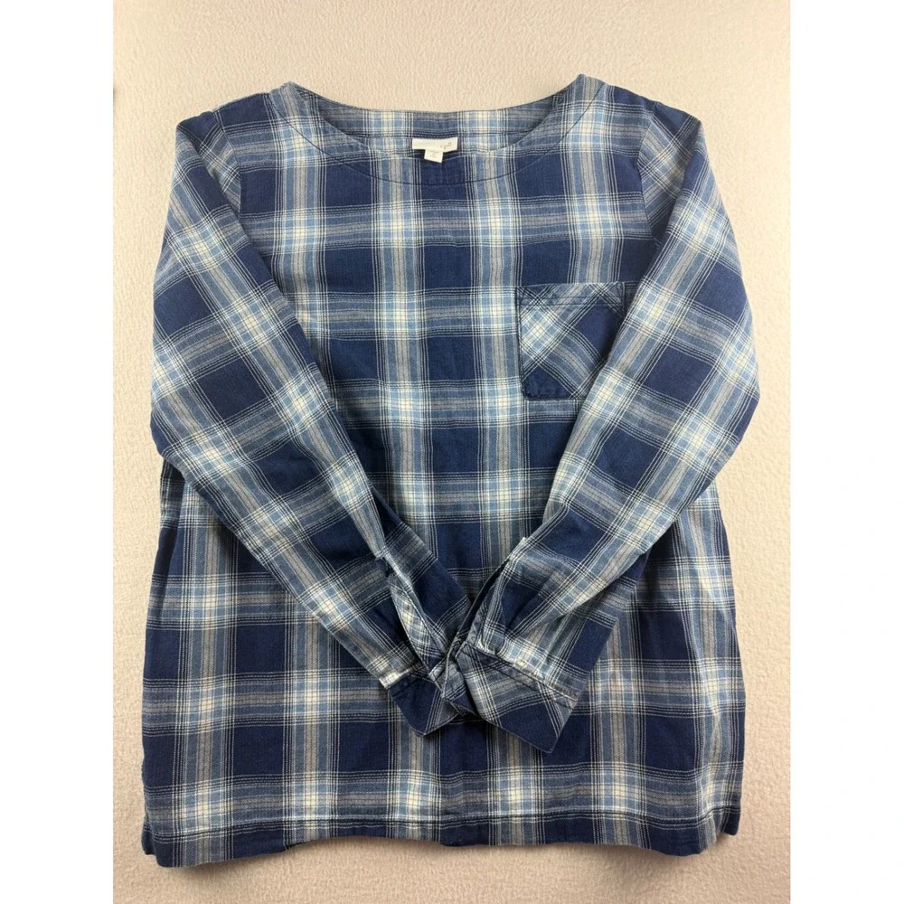 J Jill Womens Medium Tall Blue Plaid Cotton Button Back Long Sleeve Top Shirt